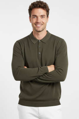 Pazarium - Gömlek Yaka Merserize Triko Erkek Kazak Haki