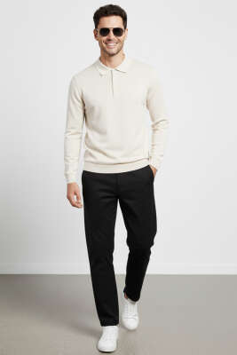 Pazarium - Gömlek Yaka Merserize Triko Erkek Kazak Bej