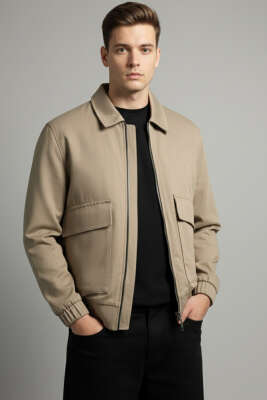 Pazarium - Torba Cepli Gabardin Erkek Ceket Bej