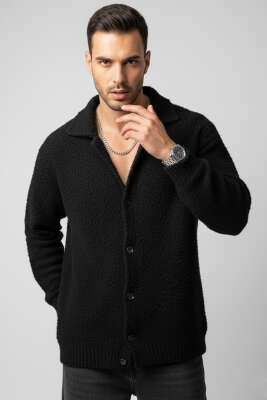 Pazarium - Düğmeli Örme Erkek Kuzu Ceket Siyah