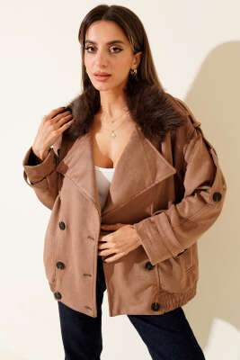 Pazarium - Yakası Kürk Detaylı Bomber Ceket Latte