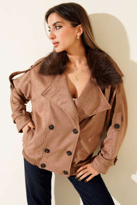 Yakası Kürk Detaylı Bomber Ceket Latte - Thumbnail