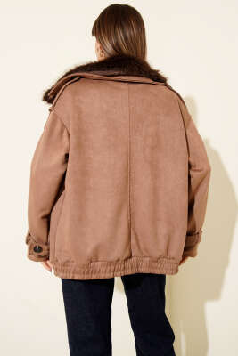 Yakası Kürk Detaylı Bomber Ceket Latte - Thumbnail