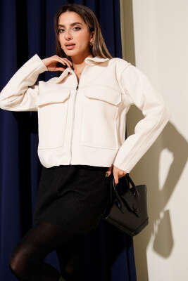 Pazarium - Ters Dikişli Kısa Ceket Krem 