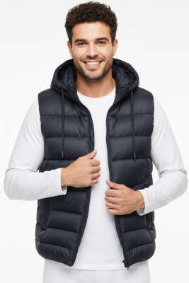 Kapüşonlu Şişme Erkek Yelek Lacivert - Thumbnail