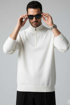 Pazarium - Yarım Fermuarlı Triko Erkek Kazak Ekru