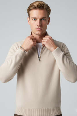 Pazarium - Yarım Fermuarlı Triko Erkek Kazak Bej