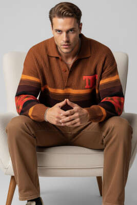 Gömlek Yaka Şeritli Triko Erkek Kazak Kiremit - Thumbnail