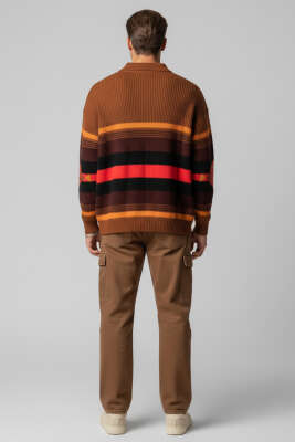 Gömlek Yaka Şeritli Triko Erkek Kazak Kiremit - Thumbnail