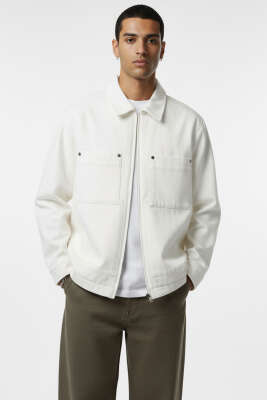 Pazarium - Gabardin Fermuarlı Erkek Ceket Ekru