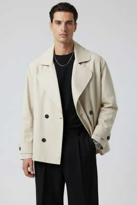 Dört Düğmeli Erkek Trençkot Taş - Thumbnail