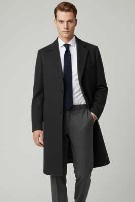 Kruvaze İki Düğmeli Erkek Kaşe Kaban Antrasit - Thumbnail