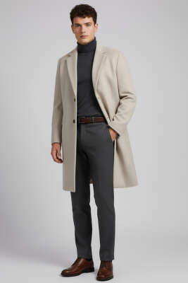 Kruvaze İki Düğmeli Erkek Kaşe Kaban Bej - Thumbnail