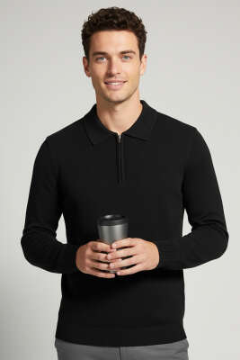 Yaka Fermuarlı Triko Erkek Kazak Siyah - Thumbnail