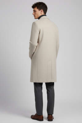 Kruvaze İki Düğmeli Erkek Kaşe Kaban Bej - Thumbnail