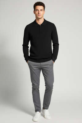 Yaka Fermuarlı Triko Erkek Kazak Siyah - Thumbnail