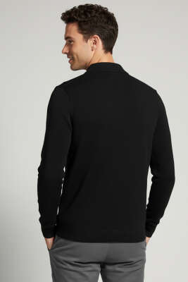 Yaka Fermuarlı Triko Erkek Kazak Siyah - Thumbnail