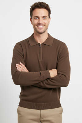 Pazarium - Yaka Fermuarlı Triko Erkek Kazak Kahve