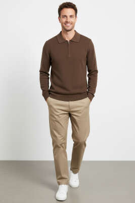 Yaka Fermuarlı Triko Erkek Kazak Kahve - Thumbnail