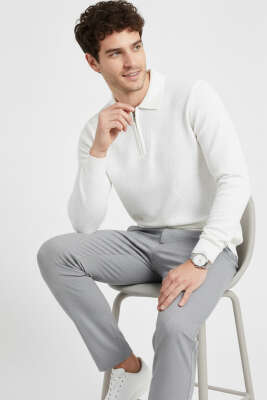 Pazarium - Yaka Fermuarlı Triko Erkek Kazak Beyaz