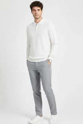 Yaka Fermuarlı Triko Erkek Kazak Beyaz - Thumbnail