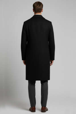 Kruvaze Çift Cepli Erkek Uzun Kaşe Kaban Siyah - Thumbnail