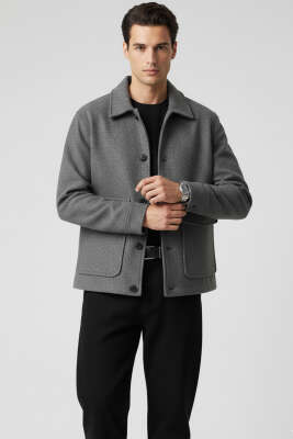 Pazarium - Çift Cepli Kaşe Ceket Füme