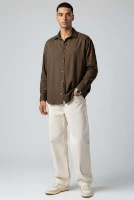 Bilek Manşet Detaylı Erkek Gömlek Kahve - Thumbnail