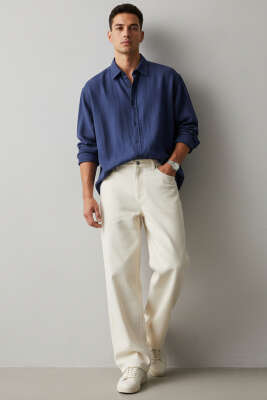 Bilek Manşet Detaylı Erkek Gömlek Lacivert - Thumbnail