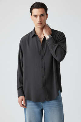 Bilek Manşet Detaylı Erkek Gömlek Siyah - Thumbnail