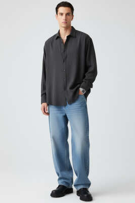 Bilek Manşet Detaylı Erkek Gömlek Siyah - Thumbnail