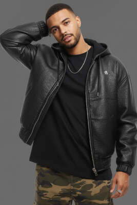 Pazarium - Kapüşonlu Fermuarlı Deri Erkek Mont Siyah