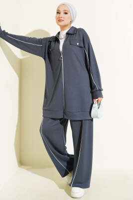 Pazarium - Gömlek Yaka Sahte Cepli Loyşa İkili Takım Füme