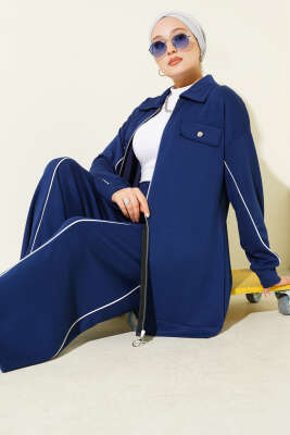 Pazarium - Gömlek Yaka Sahte Cepli Loyşa İkili Takım Lacivert