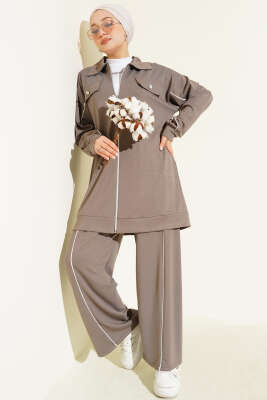 Pazarium - Gömlek Yaka Sahte Cepli Loyşa İkili Takım Vizon