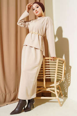 Pazarium - Basic Bisiklet Yaka Etekli İkili Takım Bej