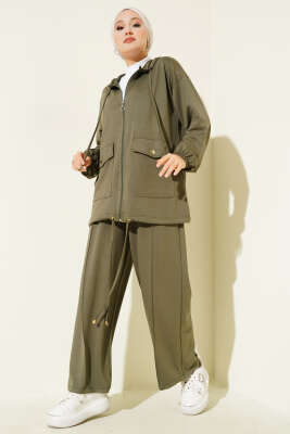 Pazarium - Loyşa Fermuarlı Cepli Kapüşonlu İkili Takım Haki