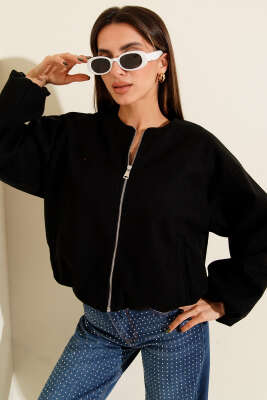 Pazarium - Bel Lastik Detaylı Kaşe Ceket Siyah