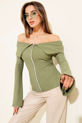 Pazarium - Omzu Açık Fermuarlı Bluz Çağla Yeşili