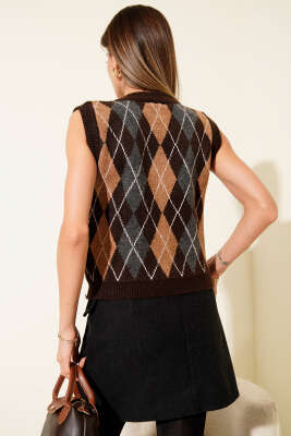 Baklava Desen Çizgili Süveter Kahve - Thumbnail