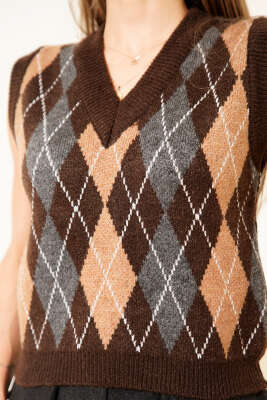 Baklava Desen Çizgili Süveter Kahve - Thumbnail