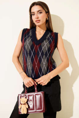 Pazarium - Baklava Desen Çizgili Süveter Lacivert