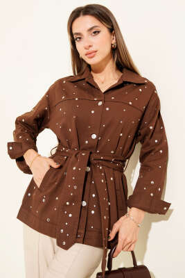 Pazarium - Beli Kuşaklı Gabardin Kot Ceket Kahve