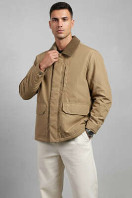 Pazarium - Kadife Yaka Fermuarlı Erkek Mont Camel