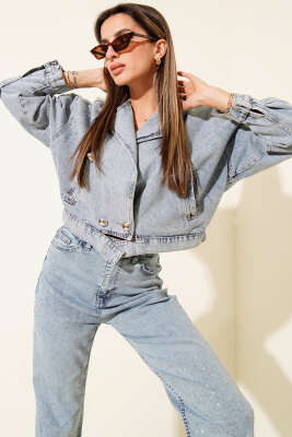 Pazarium - Gümüş Düğmeli Arkası Yazılı Kot Ceket Kot