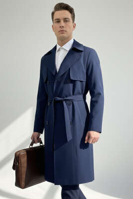 Rüzgarlıklı Kuşaklı Erkek Trençkot Lacivert - Thumbnail