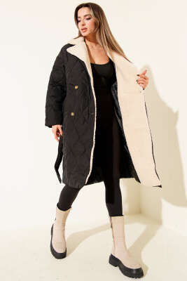 Pazarium - Yakası Yünlü Kuşaklı Mont Siyah