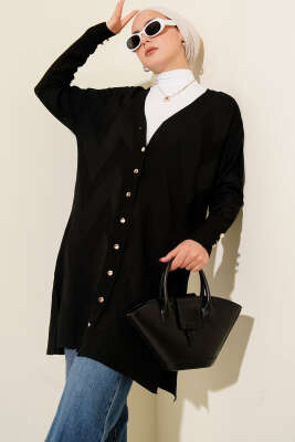 Pazarium - Zigzag Desenli Düğmeli Merserize Hırka Siyah