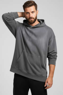 Pazarium - Taşlama Kapüşonlu Erkek Sweatshirt Antrasit