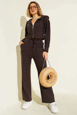 Pazarium - Fermuarlı Crop İkili Takım Kahve